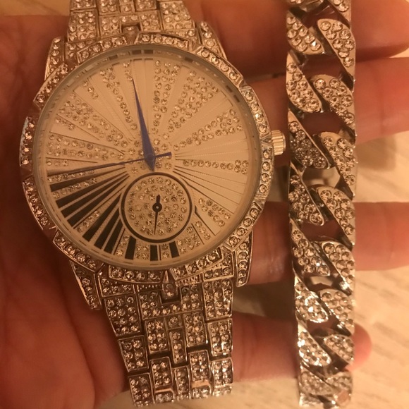 Bling Silver Oversized Watch w/Cuban Ice Bracelet - Picture 9 of 9